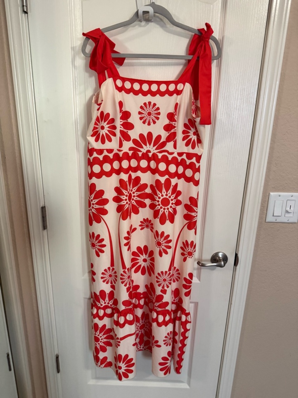 Doublju Cream Maxi Dress with Red Floral Print and Tie Straps